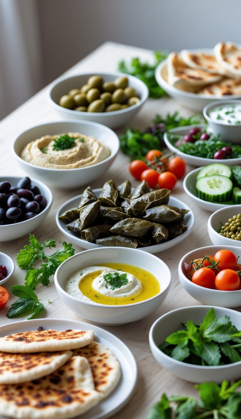 A table with a variety of Mediterranean small dishes including hummus, olives, stuffed grape leaves, falafel, and pita bread.