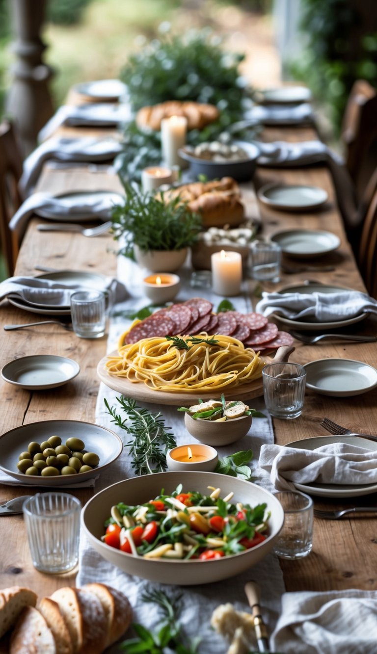 A wooden table set with Italian dishes including pasta, bread, salad, and a charcuterie board, arranged for a family-style dinner.