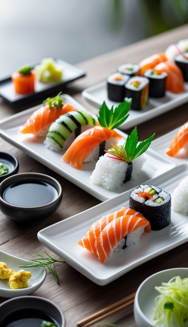 A sushi and sashimi bar with various sushi rolls and sashimi pieces arranged on white platters with soy sauce, wasabi, and garnishes on a wooden counter.