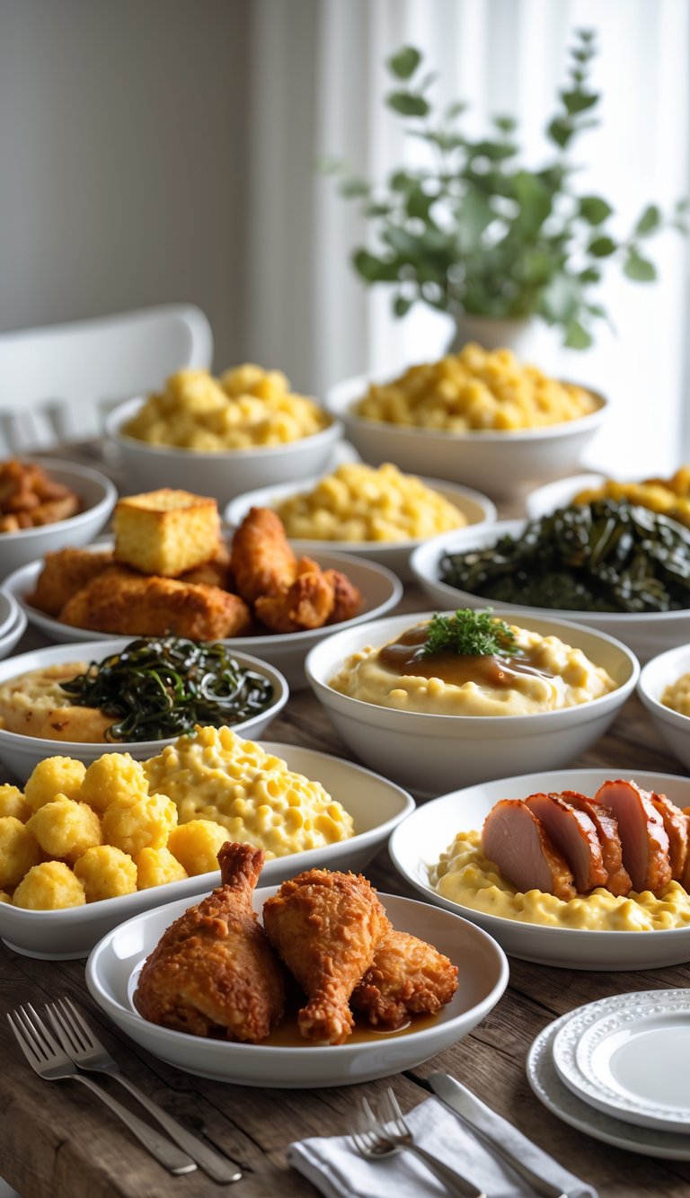 A wooden table set with Southern comfort foods including fried chicken, cornbread, mashed potatoes, collard greens, mac and cheese, and glazed ham.