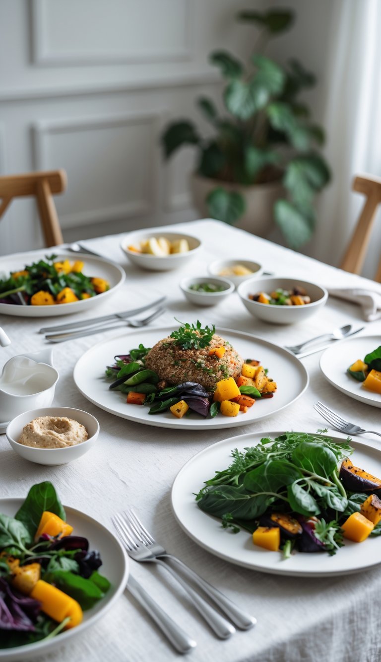 A dinner party table set with vegan and gluten-free dishes including roasted vegetables, quinoa salad, and leafy greens on white plates with silver cutlery.