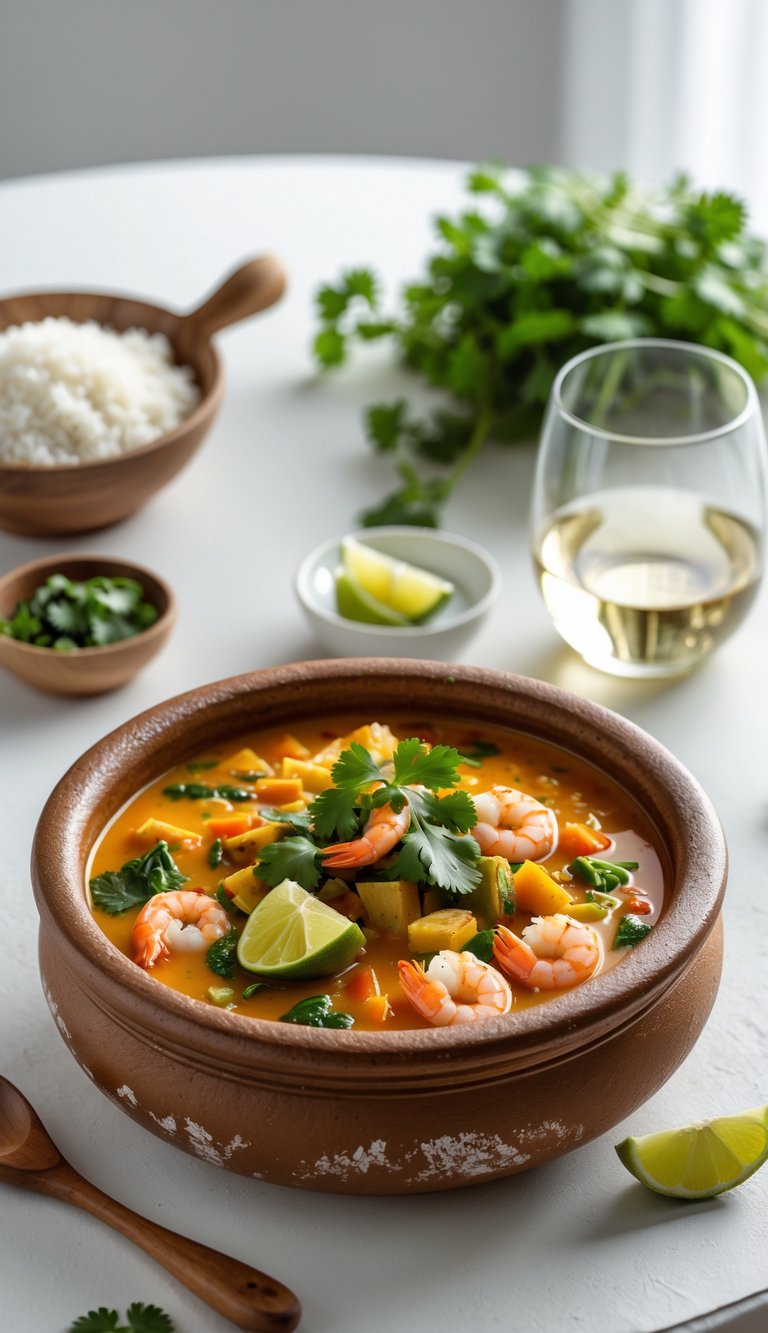 A traditional Brazilian moqueca seafood stew in a clay pot with shrimp, fish, vegetables, and garnishes, accompanied by a bowl of rice and a glass of white wine on a white table.