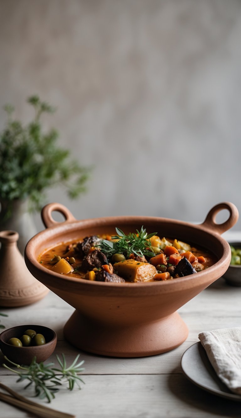 A traditional Moroccan tagine pot with stew inside on a wooden table, accompanied by olives and fresh herbs.