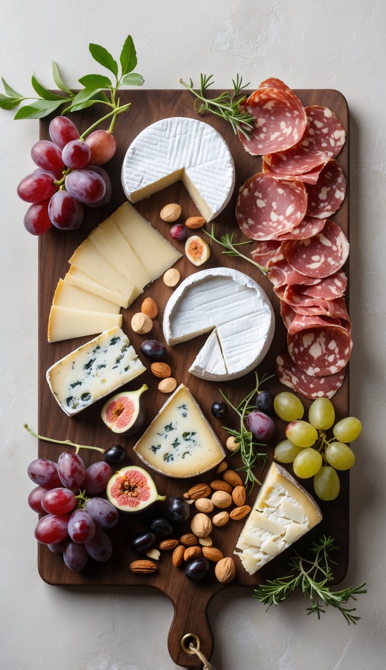 A wooden board with assorted cheeses, cured meats, grapes, figs, nuts, and olives arranged for a dinner party.