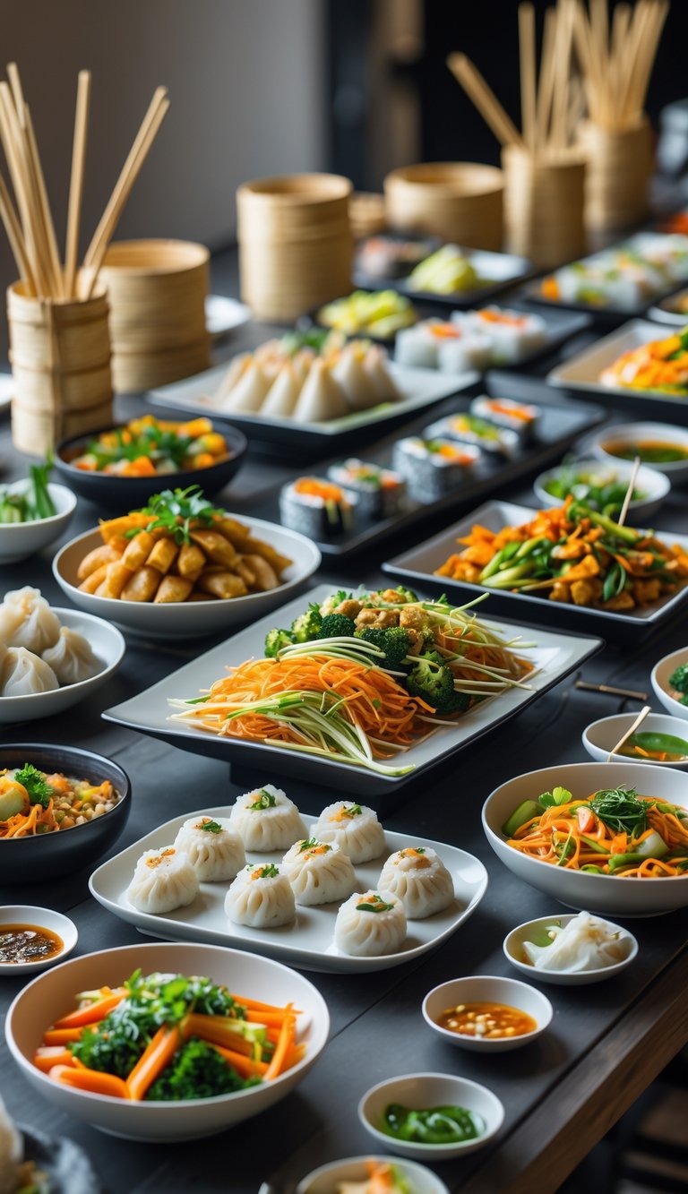 A buffet table with a variety of Asian street food dishes arranged for a dinner party.