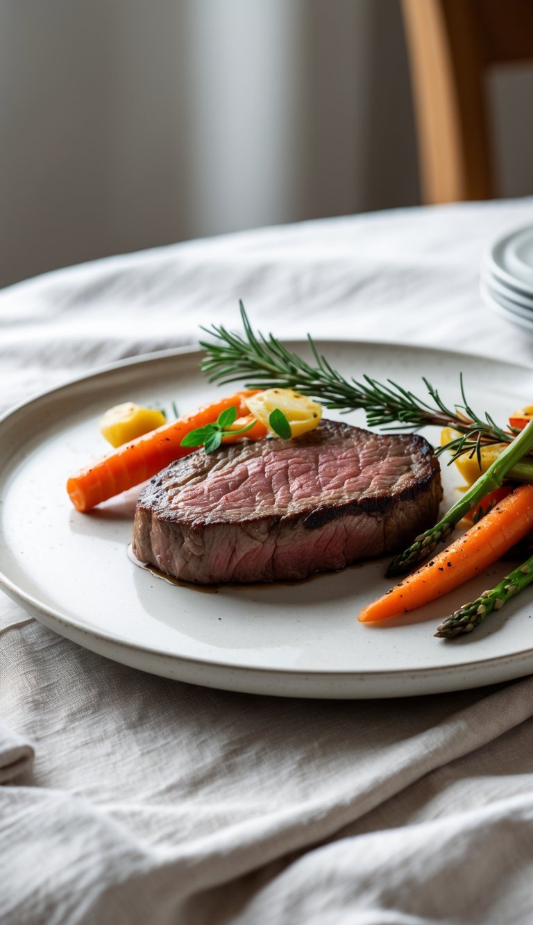 A plated medium-rare steak with roasted vegetables and a rosemary garnish on a white plate on a light-colored tablecloth.