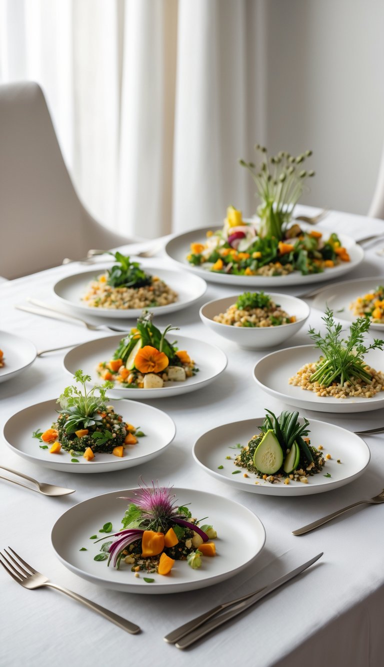 A modern dining table set with several small, beautifully plated vegan dishes arranged for a dinner party.