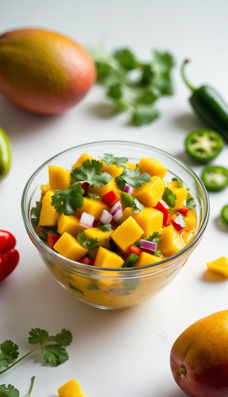 A bowl of fresh mango salsa with diced mango, red bell peppers, cilantro, and onions on a white surface, surrounded by whole mangoes and vegetables.