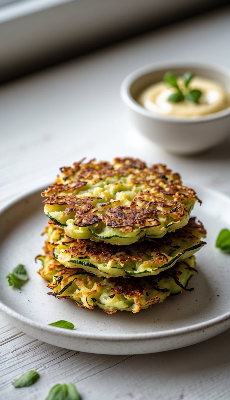 Plate of golden-brown zucchini fritters with a small bowl of dipping sauce on a light wooden surface.