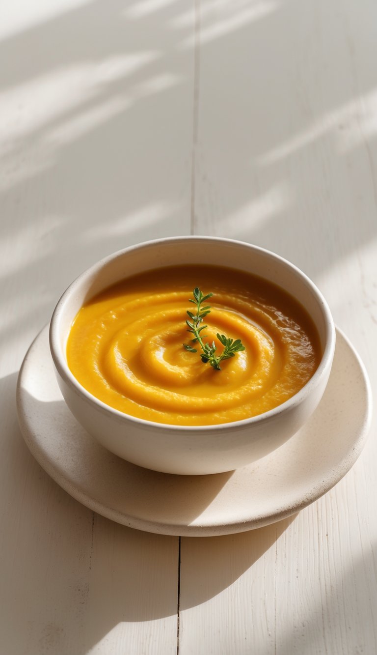A bowl of creamy butternut squash soup garnished with fresh herbs on a light wooden surface.