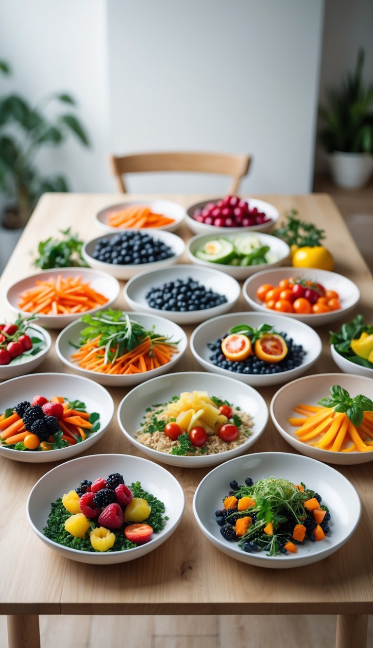 A wooden table with ten colorful plates of fresh fruit and vegetable meals arranged in a bright kitchen.