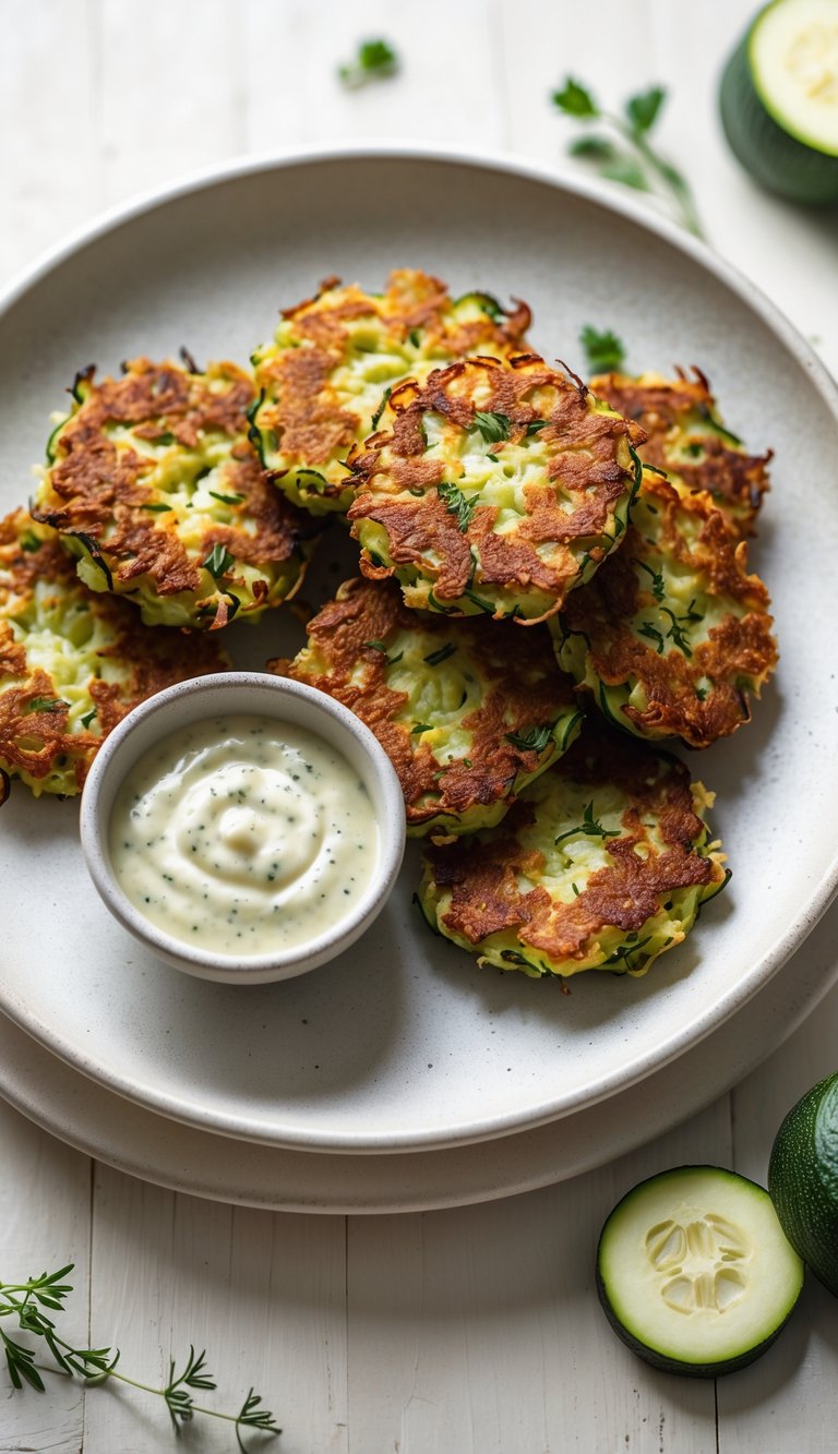 Plate of golden-brown zucchini fritters with a small bowl of dipping sauce on a light wooden surface.