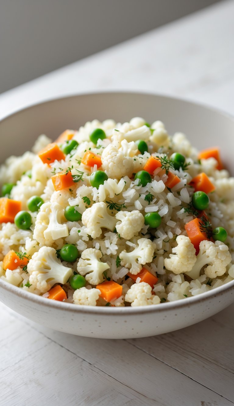 A bowl of cauliflower rice pilaf with mixed vegetables on a light wooden surface.