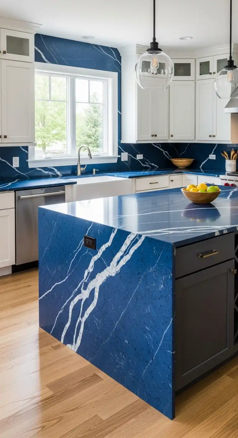 10. Blue Veined Quartz Islands As Statement Centers