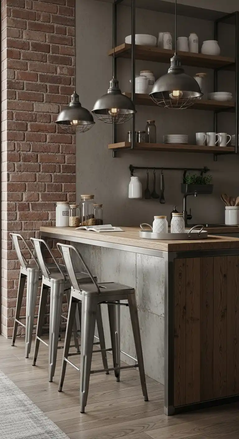 12. Chic Industrial Breakfast Bar Styling