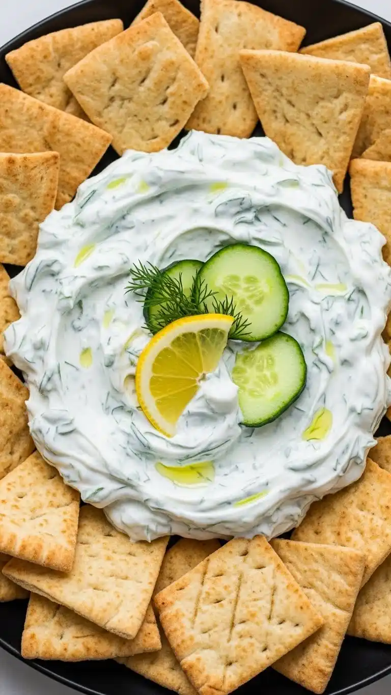 13. Greek Yogurt and Cucumber Dip with Pita Chips