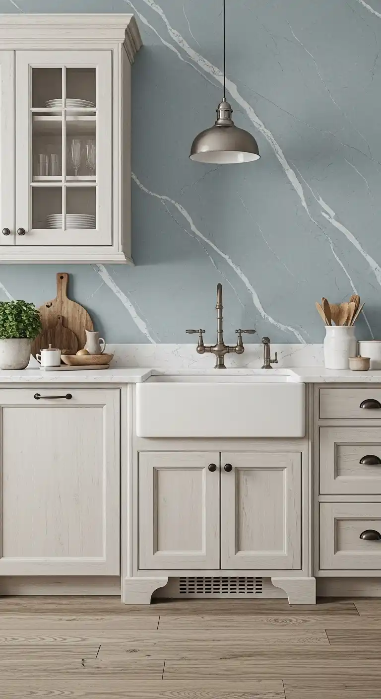 13. Subtle Dusty Blue Veins For Farmhouse Kitchens