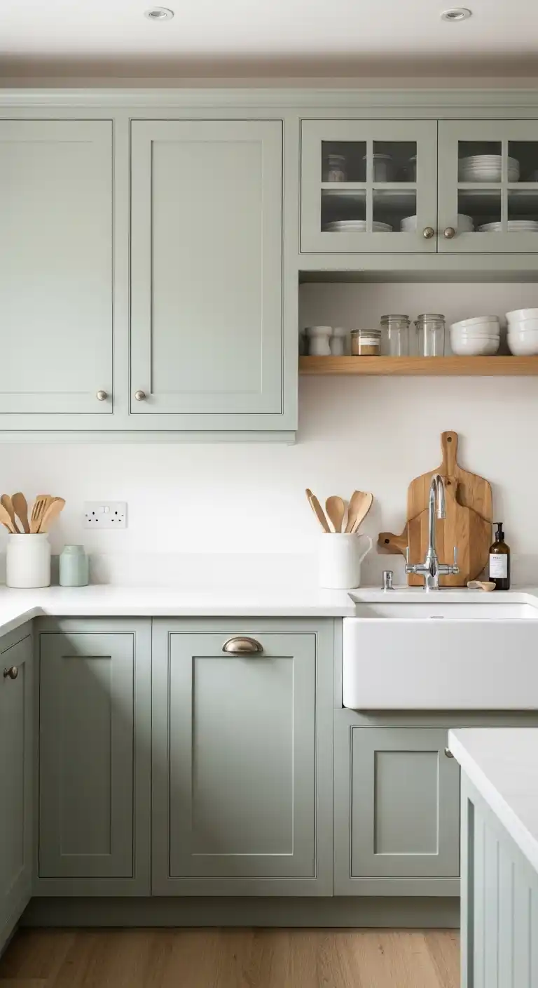 15. White Quartz Paired With Sage Or Soft Green Cabinets
