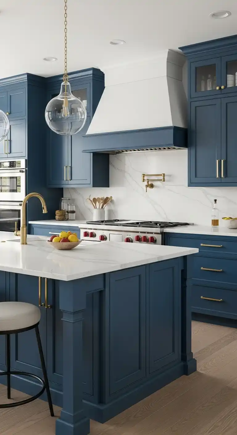 18. Navy Veined Quartz Paired With Blue Kitchen Islands