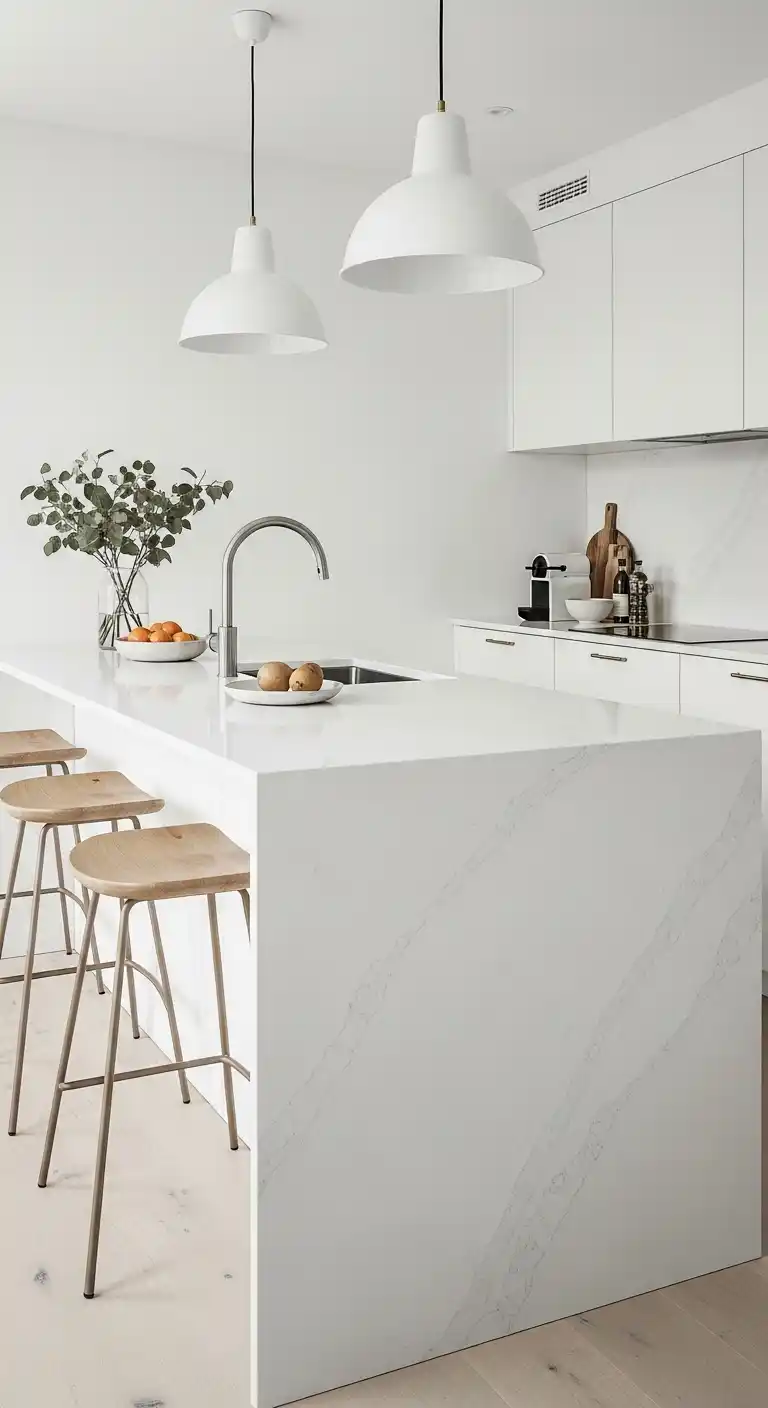 2. Ultra White Quartz For A Clean, Minimalist Kitchen