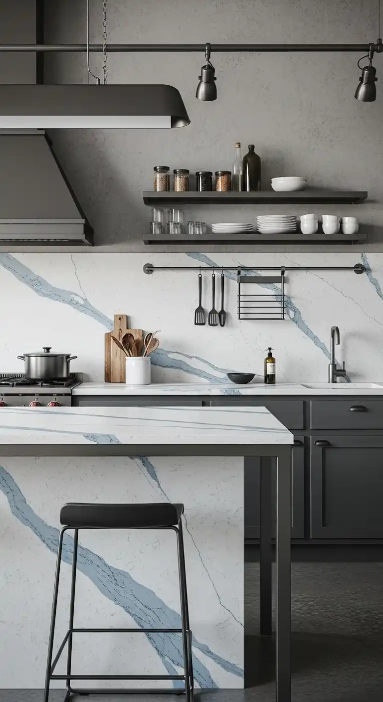 20. Industrial Kitchens With Steel And Blue Veined Quartz