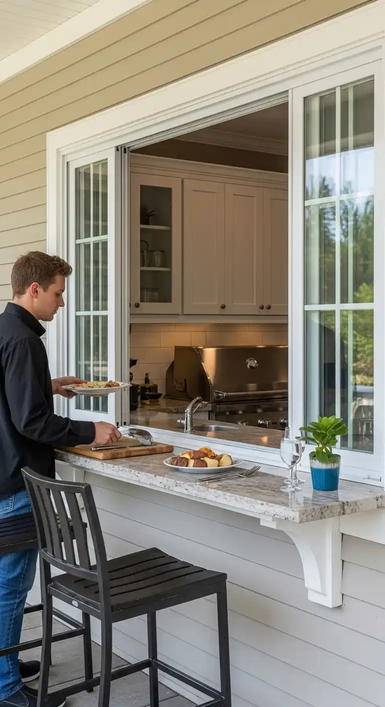 22. Outdoor Kitchen Layout With a Serving Window Connection