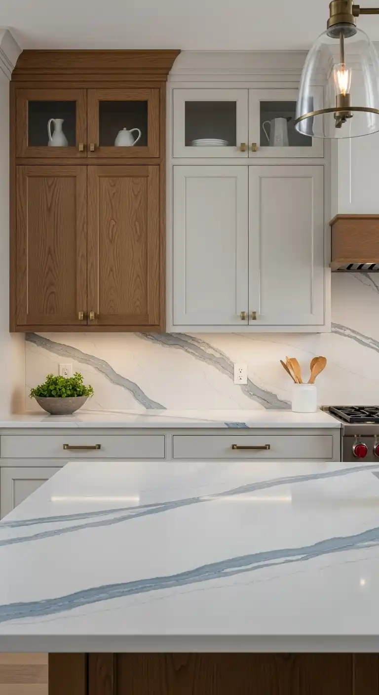 3. Blue And Gray Veins For Transitional Kitchens