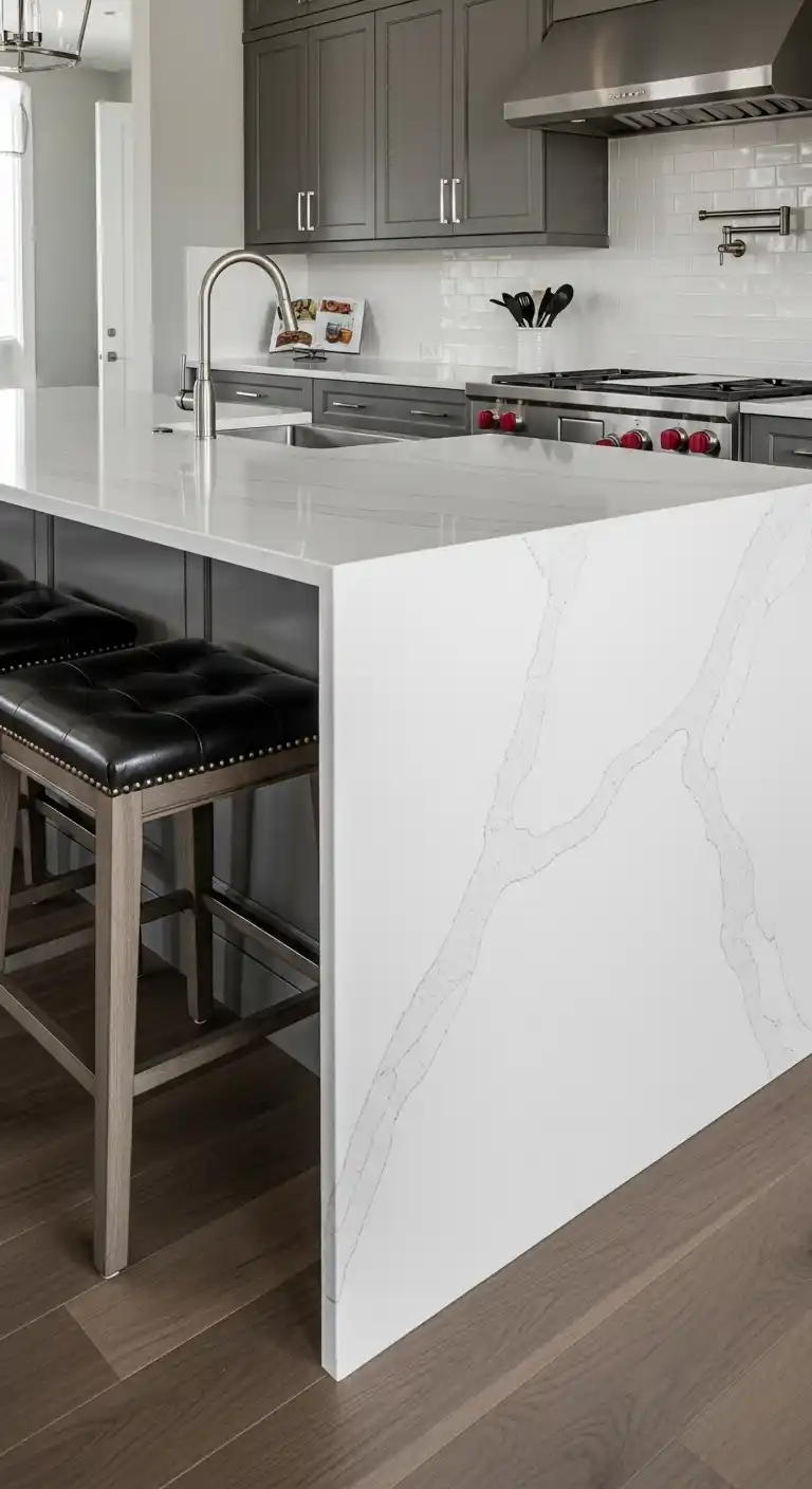 3. White Quartz With Waterfall Edges