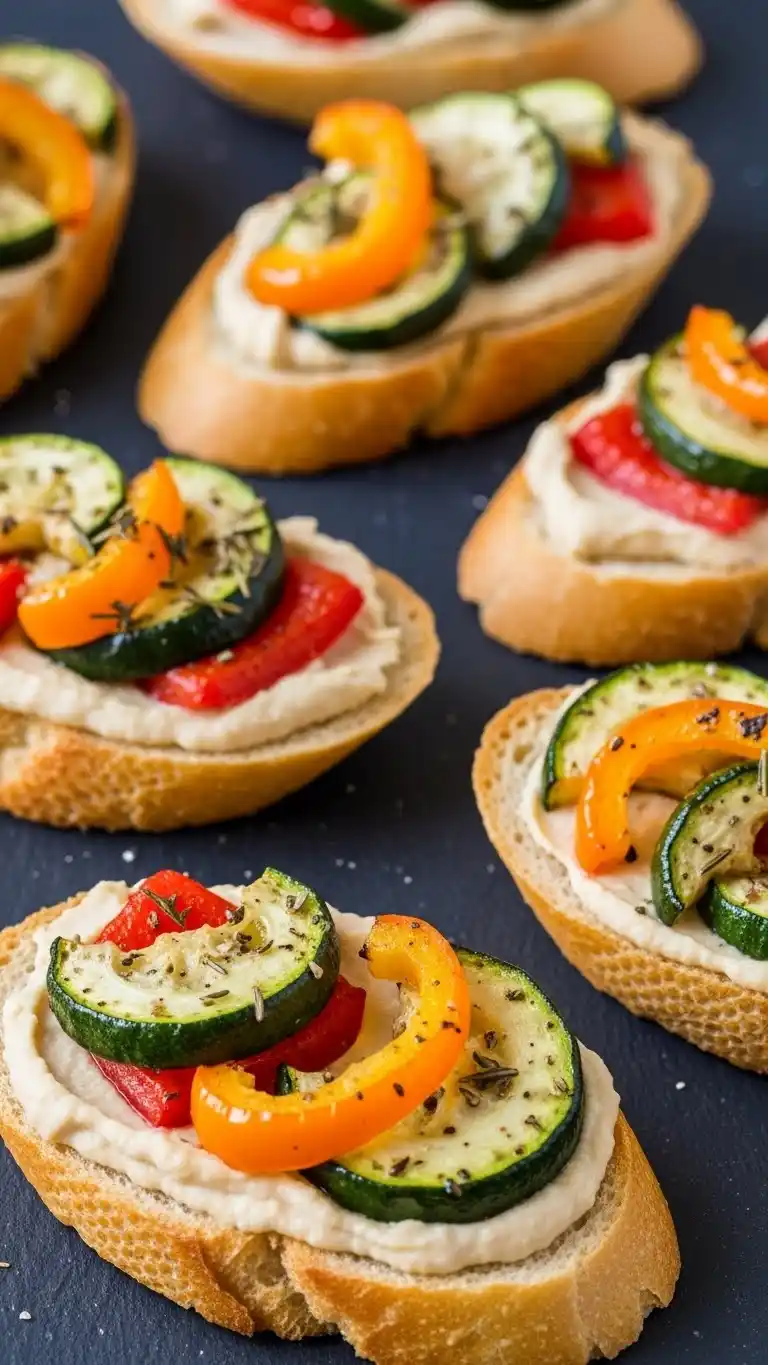4. Roasted Vegetable Crostini with Garlic Hummus
