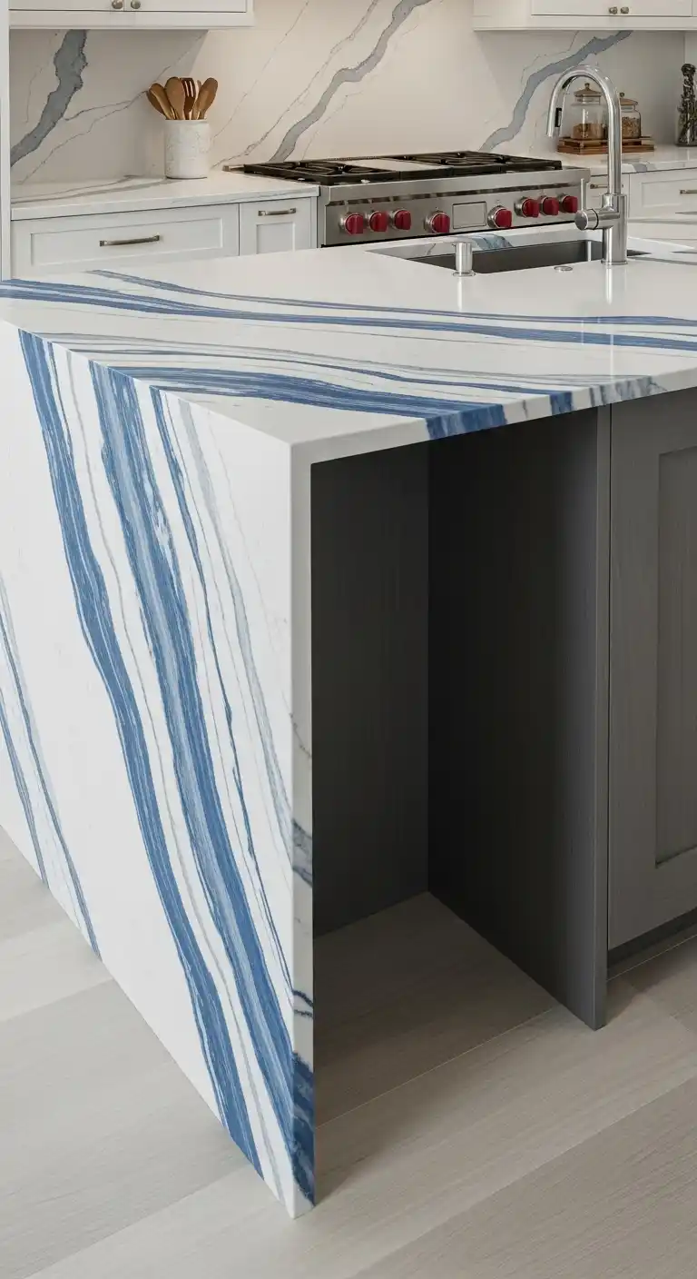 5. Waterfall Edge Quartz With Flowing Blue Lines