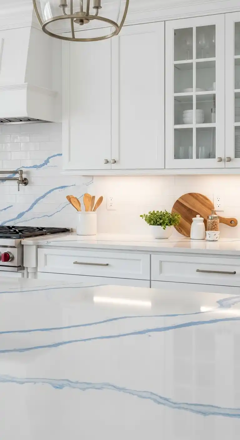 6. Blue Veined Quartz Paired With White Shaker Cabinets