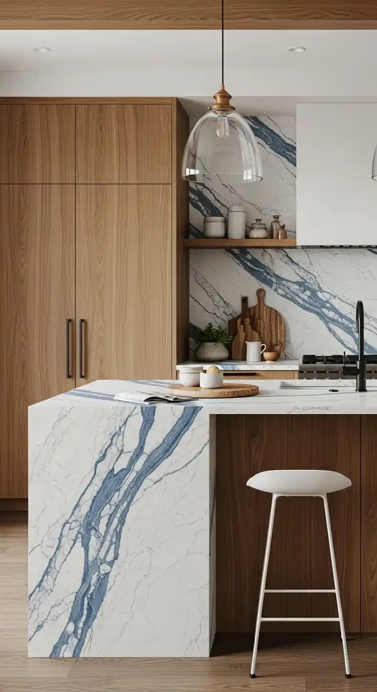 7. Blue Veins With Warm Wood Tones For Balance