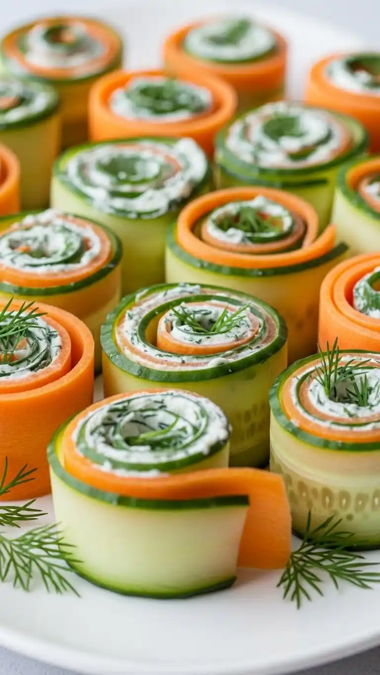 8. Carrot and Cucumber Ribbon Rolls with Herbed Cream
