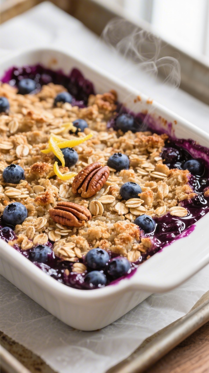 Close-up detail: A bubbling blueberry crisp just pulled from the oven in a 9x9-inch baking dish, dee