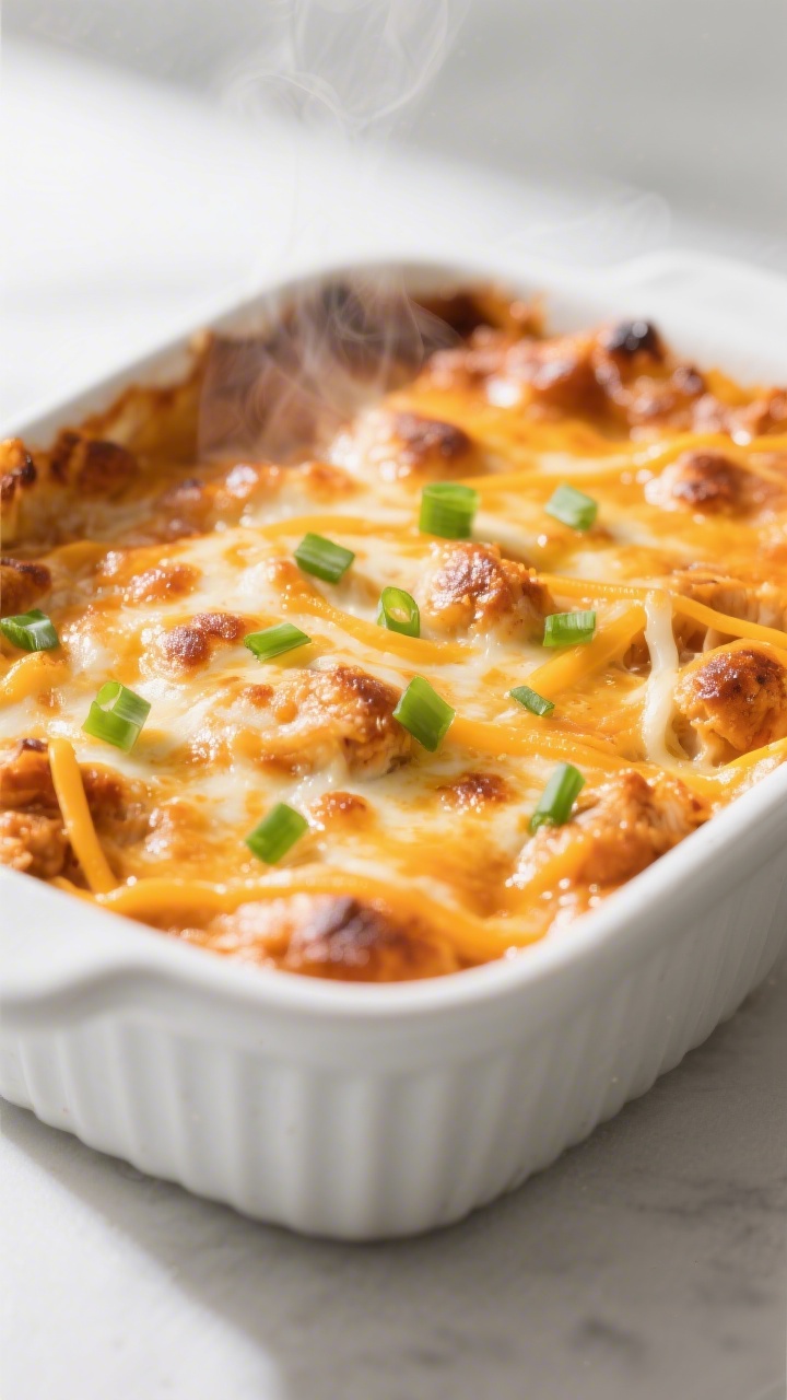 Close-up detail: A bubbling buffalo chicken dip just out of the oven in a small white ceramic baking