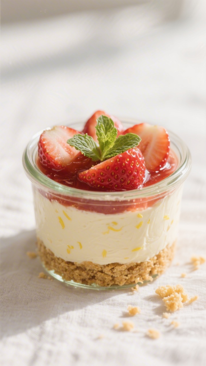Close-up detail: A chilled no-bake strawberry cheesecake cup in a clear glass jar, showing clean lay