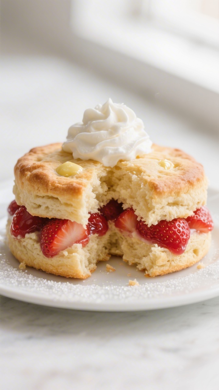 Close-up detail: A freshly baked biscuit-style strawberry shortcake split open, showing tender, flak
