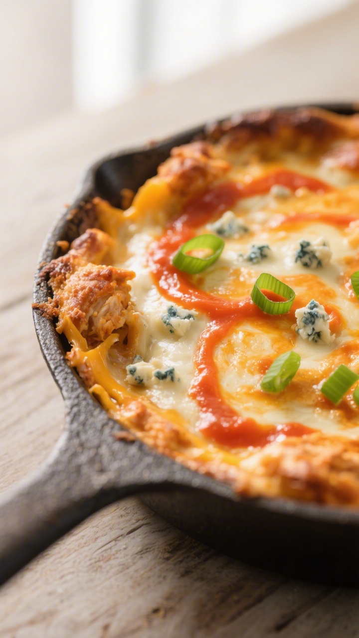 Close-up detail: A freshly baked buffalo chicken dip just out of the oven in a small cast-iron skill