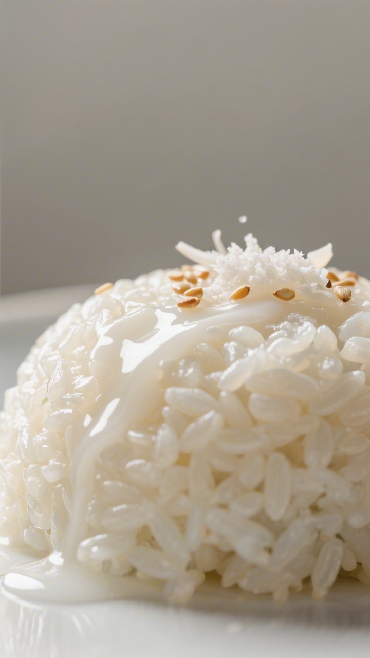 Close-up detail: A glossy mound of freshly steamed glutinous sticky rice just after absorbing warm c