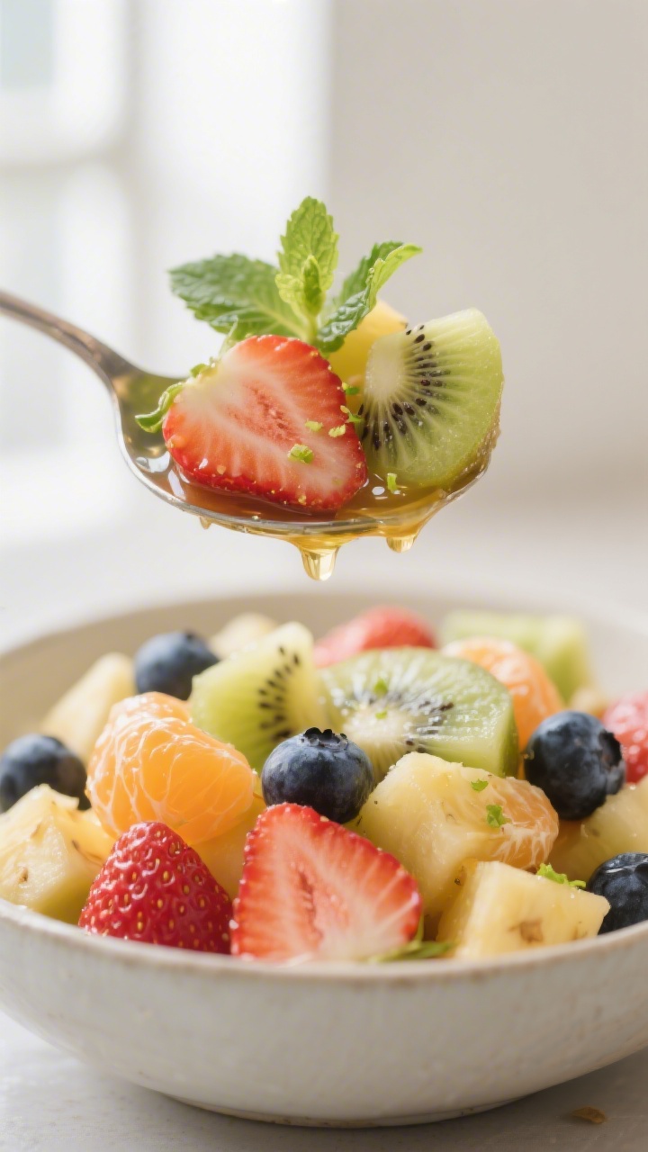 Close-up detail: A glossy spoonful of finished fruit salad mid-air over the bowl, showing halved str