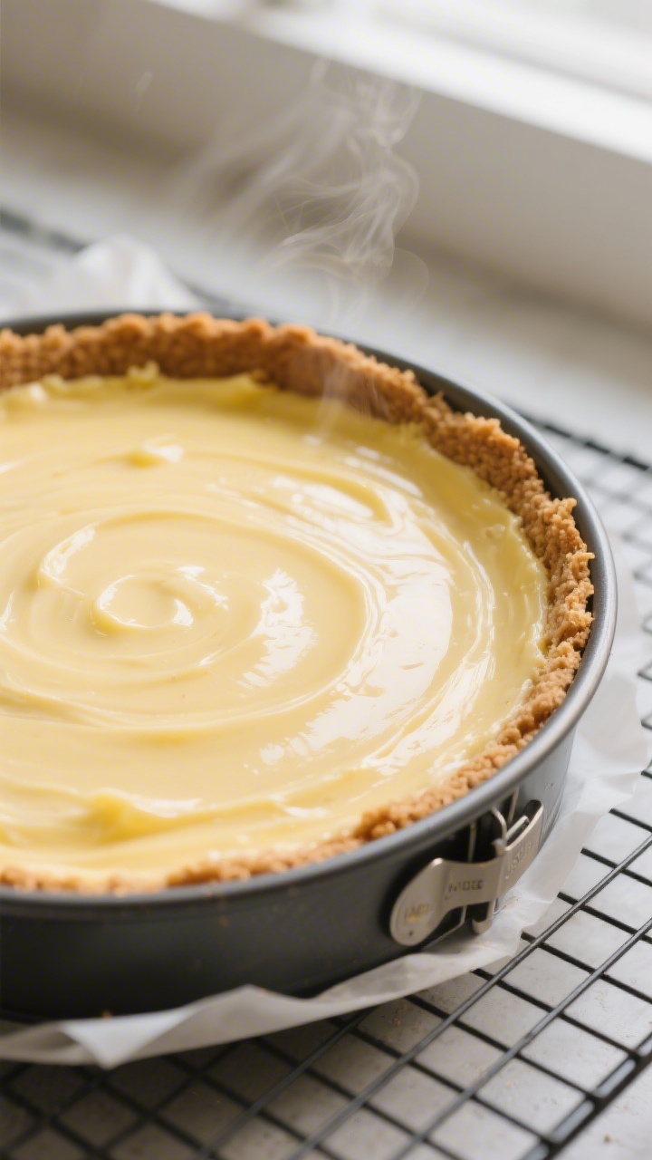 Close-up detail: A just-baked lemon cheesecake in a 9-inch springform pan on a wire rack, edges set 