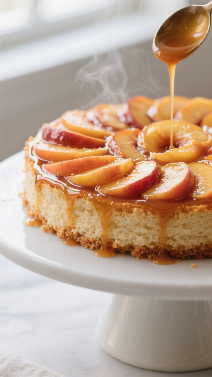 Close-up detail: A just-inverted peach upside down cake with glossy caramelized peach slices arrange