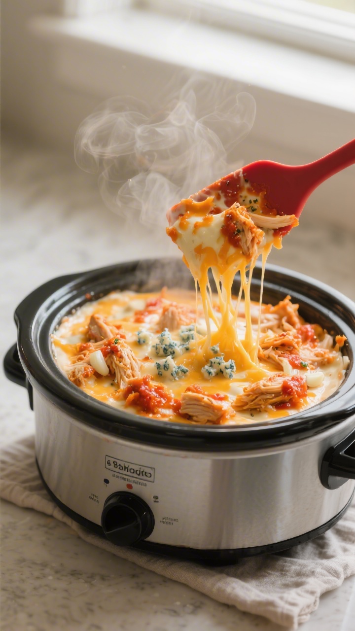Close-up detail: A molten, just-stirred buffalo chicken dip in a small 3-quart crockpot, cheese stra