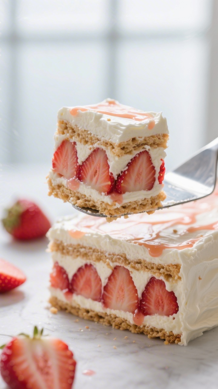Close-up detail: A neatly sliced square of strawberry icebox cake lifted with a metal spatula, showi