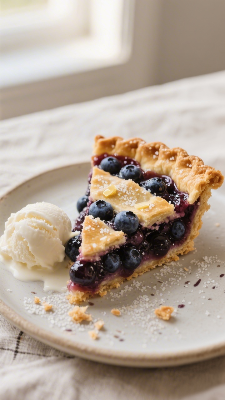 Close-up detail: A slice of homemade blueberry pie just cut, showing jammy, set blueberry filling wi