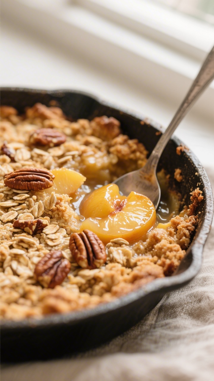 Close-up detail: A spoon breaking into a freshly baked peach crisp in the pan, revealing bubbling pe