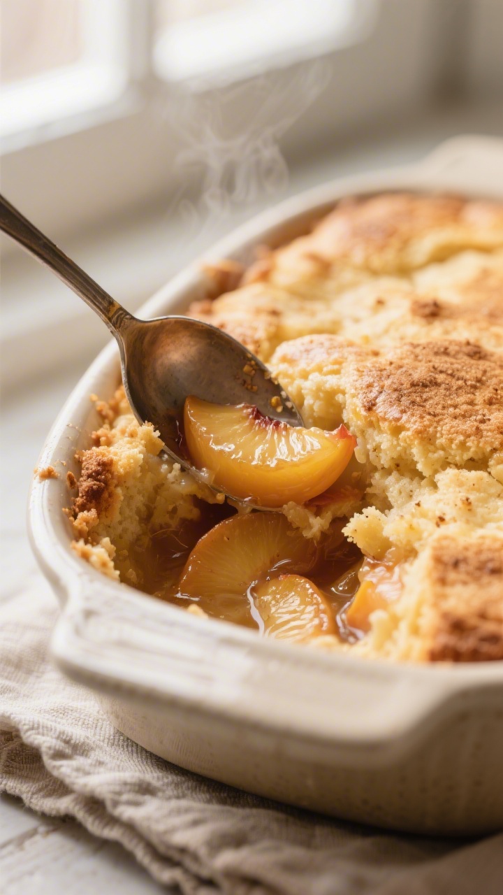 Close-up detail: A spoon breaking into the golden, cake-like crust of freshly baked peach cobbler, s
