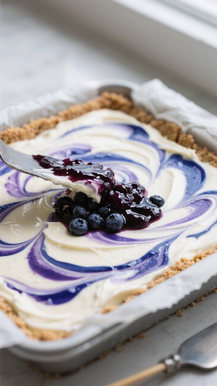 Close-up detail: A tight shot of silky cheesecake batter being swirled with glossy, jammy blueberry 
