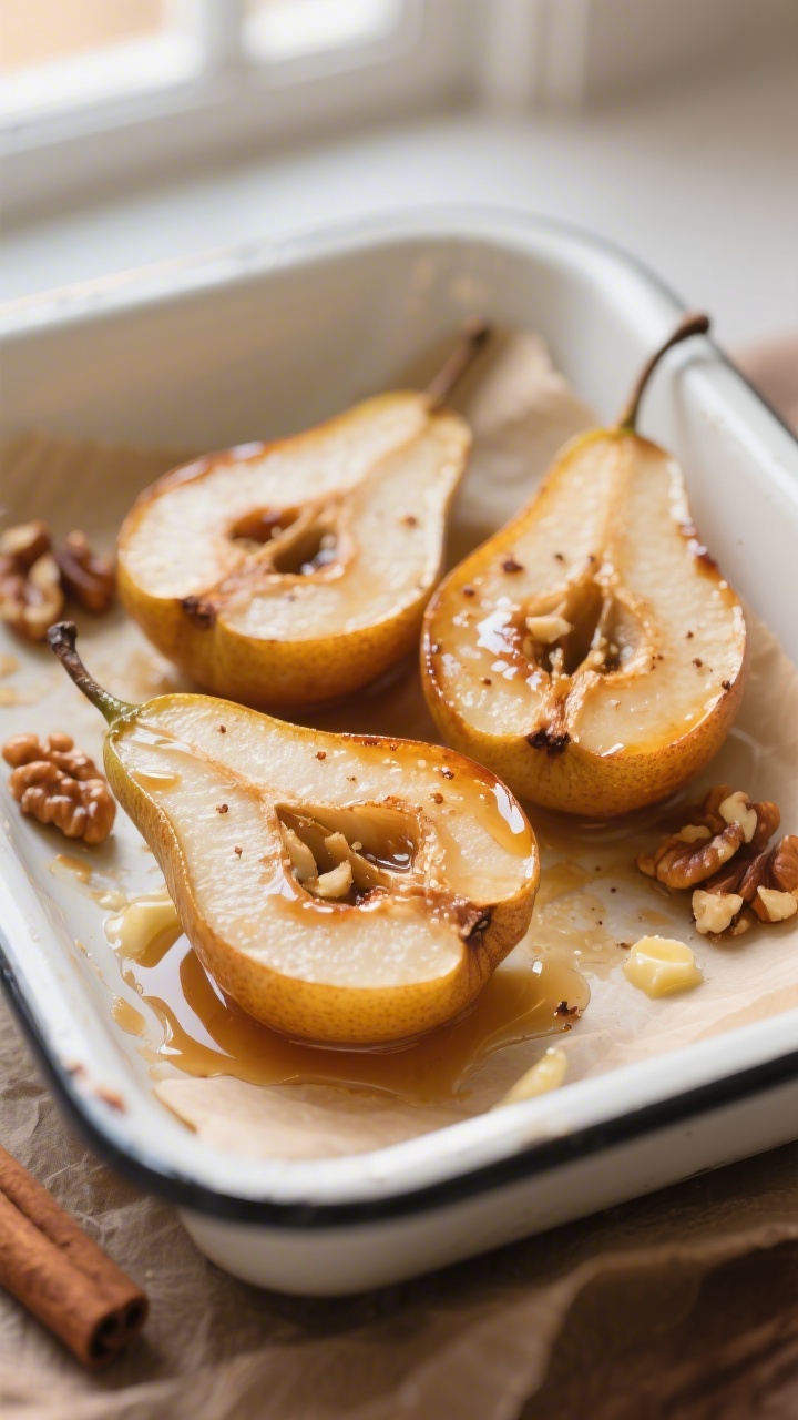Close-up detail: Caramelized baked pear halves just out of the oven, cut sides up with glossy honey-
