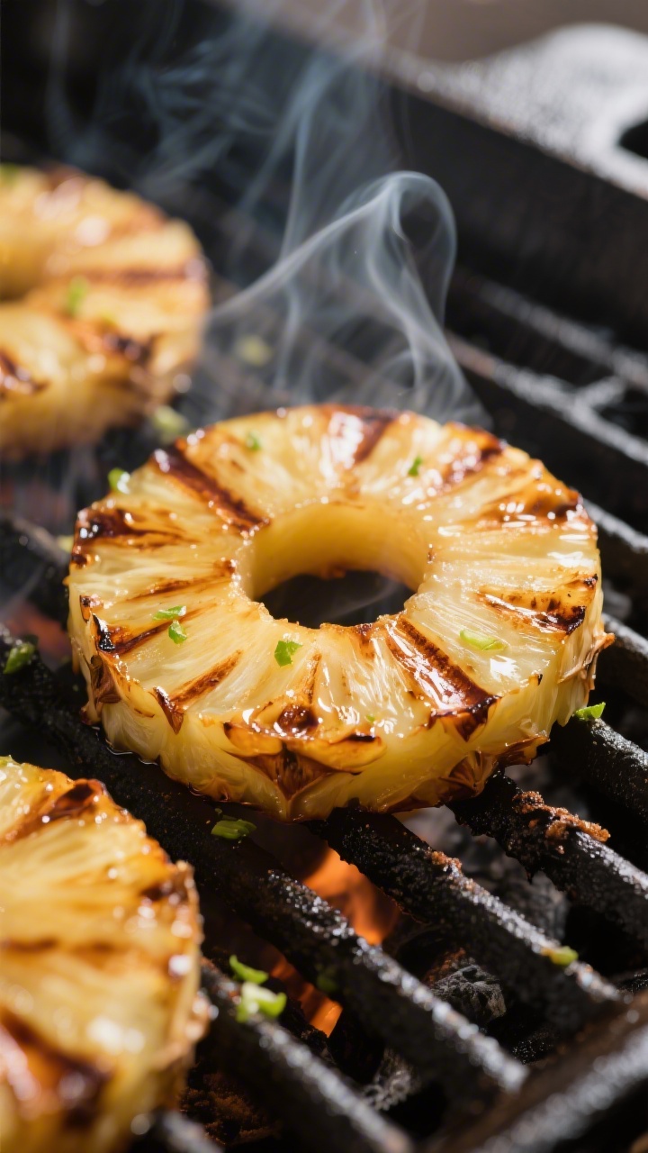 Close-up detail: Caramelized grilled pineapple rings on hot grill grates at medium-high heat, deep c